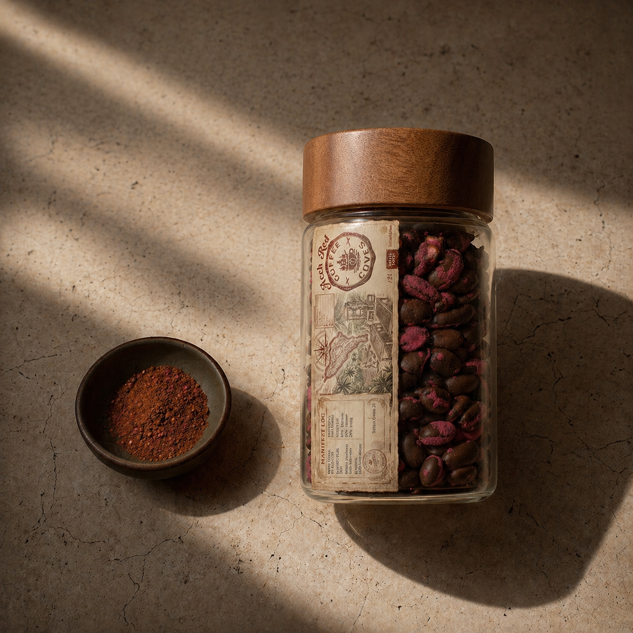 Aceh Red Edition 1 — sealed glass jar of red-stained coffee beans alongside a small bowl of finely ground coffee, lit by warm directional sunlight
