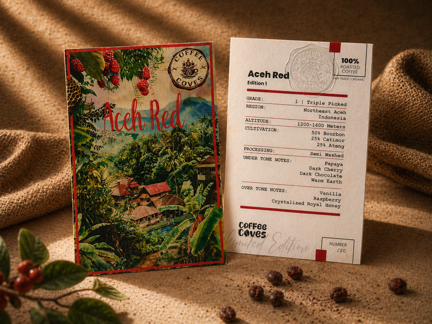Illustrated art card depicting the Gayo highlands paired with the printed spec sheet — ships with every Edition 1 jar and carries the NFC chip that activates wallet rewards