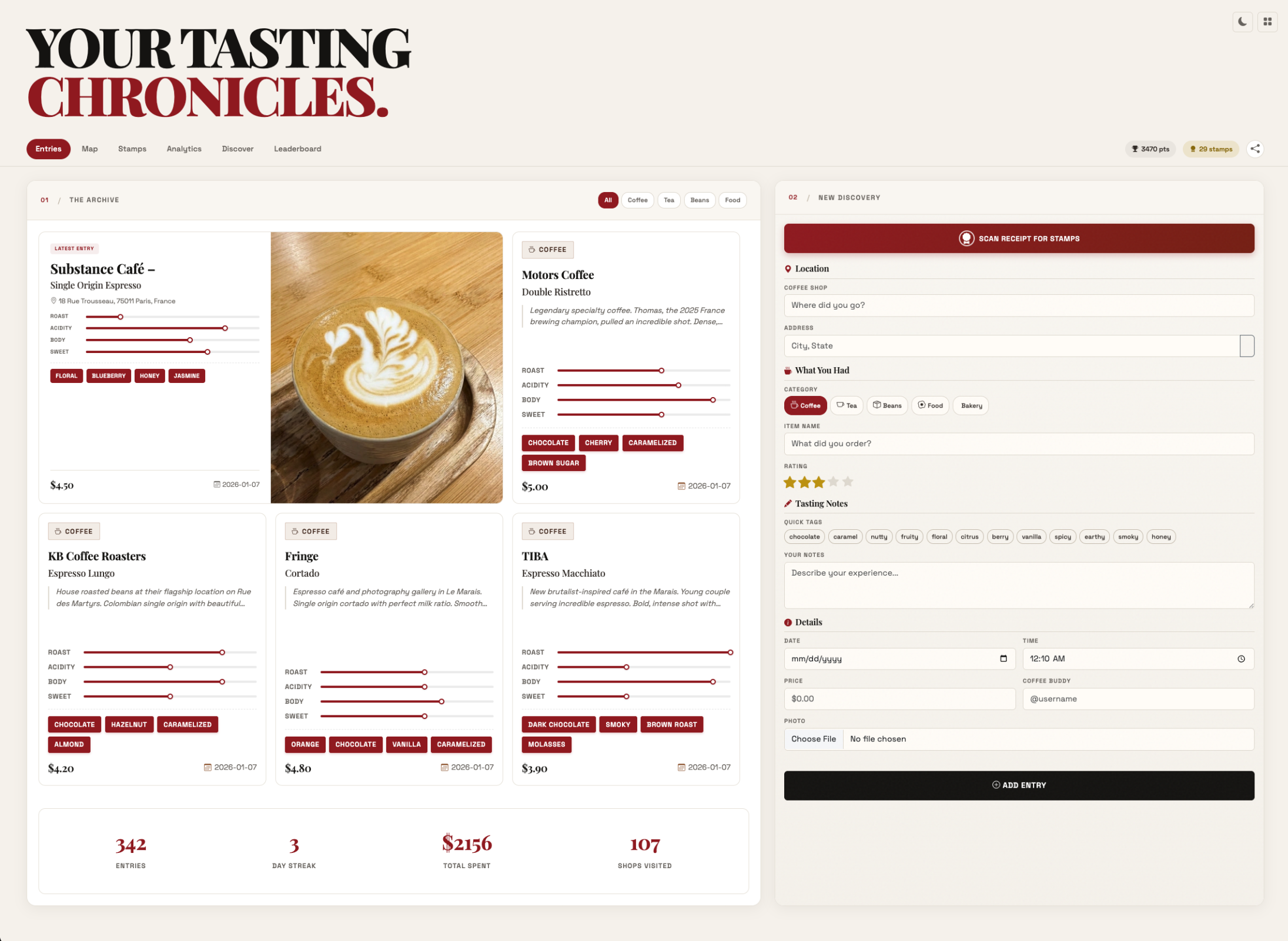 Coffee logging interface, recording a café visit, tasting notes, and rating in the Coffee Coves passport